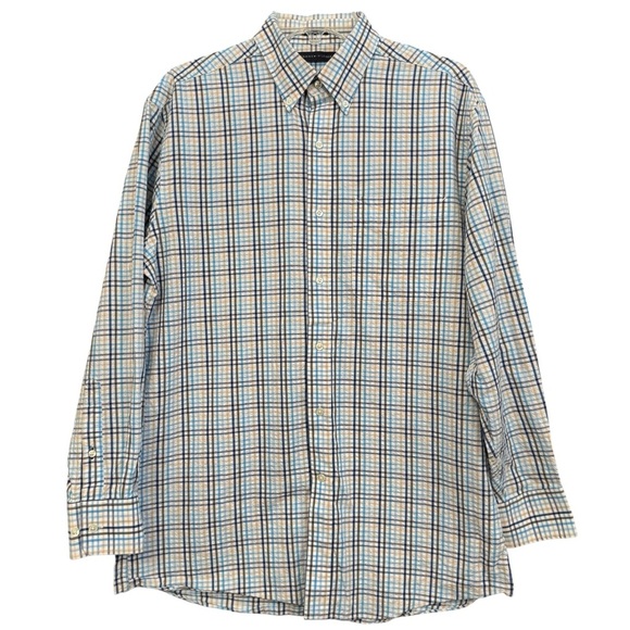 Tommy Hilfiger Regular Fit Shirt M Blue Tan Plaid Button Down - Picture 1 of 8